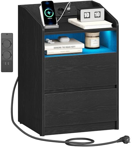 Hzuaneri Nachttisch, Beistelltisch mit 2 Schubladen | 2 AC, 2 USB, LED-Beleuchtung, Offenes Fach, Modern, Schlafzimmer, Wohnzimmer, 35 x 40 x 58 cm, Schwarz NS60004XEU