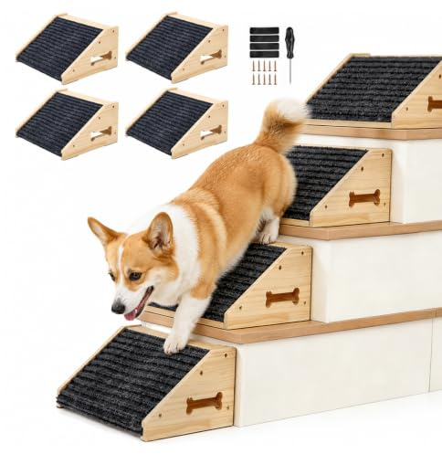 4 scale per cani di piccola taglia, in legno | Scaletta antiscivolo per cani con tappeto, rampa per cani di piccola taglia, angolo basso, per letto e divano