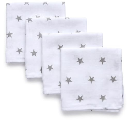 FENSILO Mulltücher Baby Spucktücher Mullwindeln 75 x 65 cm, 4er Pack Weiß mit grauen Sternen, weiche Babytücher aus 100% Baumwolle