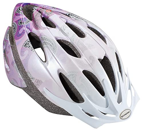 Schwinn Thrasher Casque de vélo pour hommes et femmes, 14 ans et +, tours de tête 58-62 cm, ajustement confortable par molette, 20 trous d’aérations, visière amovible, Rose/Violet