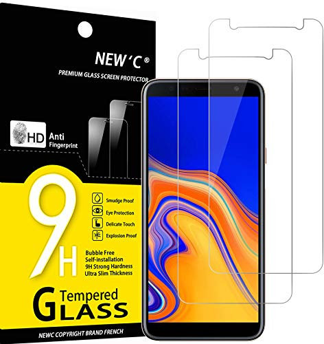 NEW'C Lot de 2, Verre Trempé pour Samsung Galaxy J4 Plus, Galaxy J4+ (SM-J415F), Film Protection écran sans Bulles d'air Ultra Résistant (0,33mm HD Ultra Transparent) Dureté 9H Glass