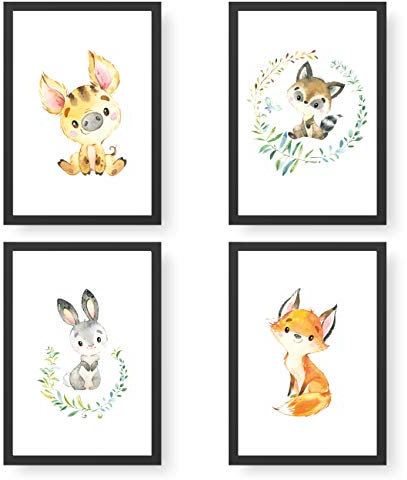 Papierdrachen 4 Kinder Premium Poster DIN A4 | Wandbilder für Kinderzimmer - Woodland Animals - hochwertige Kunstdrucke | Dekoration | Wandbild Set