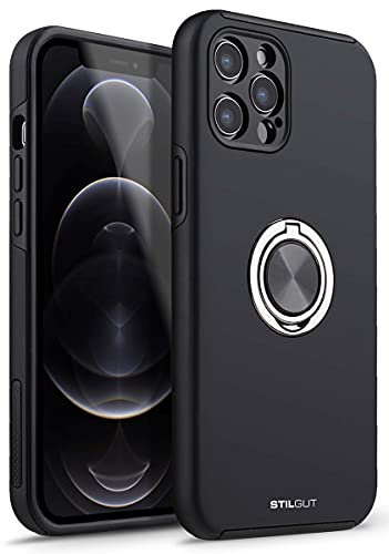 STILGUT Case kompatibel mit iPhone 12 Pro (6.1“) Handyhülle mit Fingerhalter & Ring-Ständer, Hülle mit 360 Grad drehbarer Smartphone Fingerhalterung/Ringhalter - Schwarz