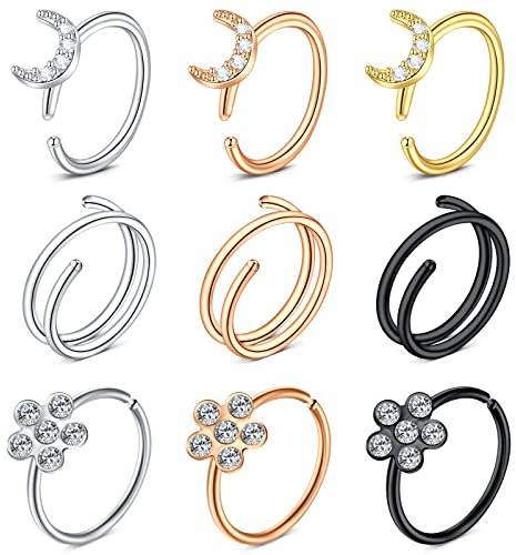 VF VFUN 20G Nose Rings Stainless Steel Flower Moon Nose Piercing for Women Colorful Hoop Helix Cartilage Earrings Nostril Piercing Jewellery