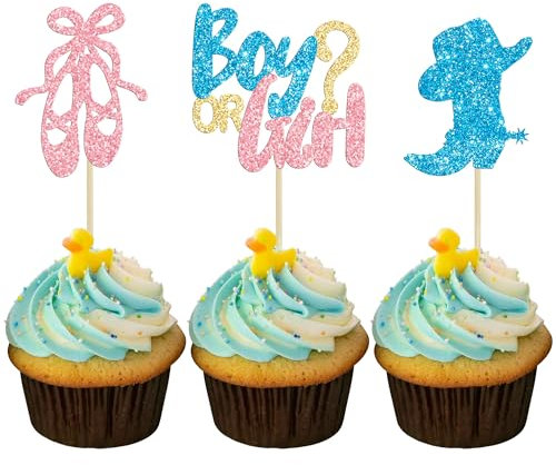Gyufise 24Pcs Boy or Girl Cupcake Toppers Boots or Ballet Shoes Gender Reveal Cupcake Picks Baby Shower Cake Topper Decorations for Kids Birthday Party Cake Decorations Supplies