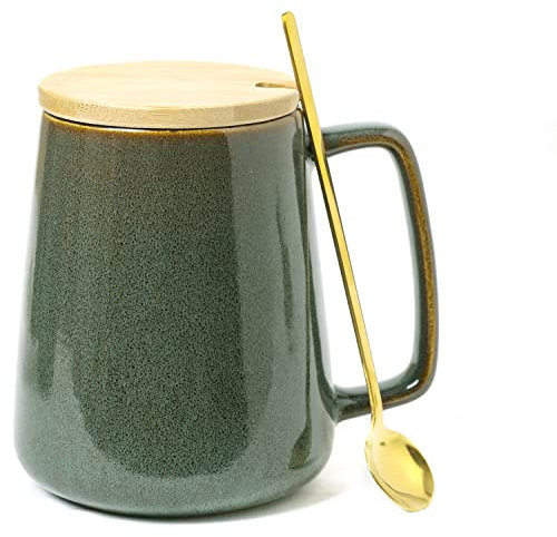 Large Ceramics Coffee Mugs,24 OZ/700ml Extra Large Cups,Matching Lid and Spoon, for Cappuccino, Latte, Hot Cocoa Or Hot Tea -Gift for Birthday/Christmas/Valentine's (24 oz Dark Green Set)