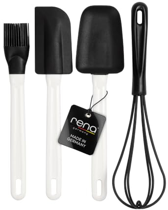 rena germany® 4 TLG. Backhelfer Set - Küchenhelfer fürs Backen - Backzubehör aus Silikon und Kunststoff - Teigschaber, Backpinsel, Schneebesen & Rührlöffel - Made in Germany mit 5 Jahren Garantie