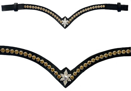 Leone Equipment Stirnriemen Pferd Glitzer in Geschenkbox (Full/Warmblut, Gold Steine/Schwarz Leder)