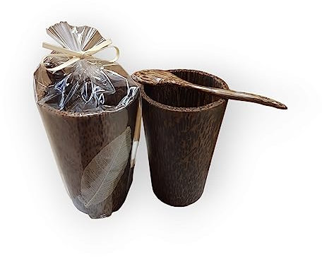 Kinaree Palmen Holz Becher | Trinkbecher aus Naturmaterialien mit Löffel, ebenfalls als Zahnputzbecher oder Stiftehalter nutzbar