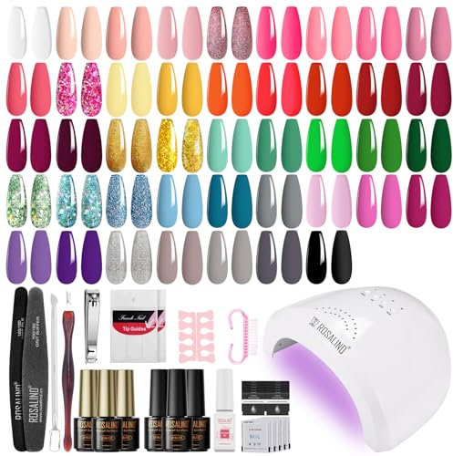 ROSALIND Kit Verni Semi Permanent 43 Couleurs et Lampe LED 48W Sèche-ongles UV( avec Top Coat Base Coat Mat), Rose Blanc Gris UV Gels, Kit Complet Pour Débutants