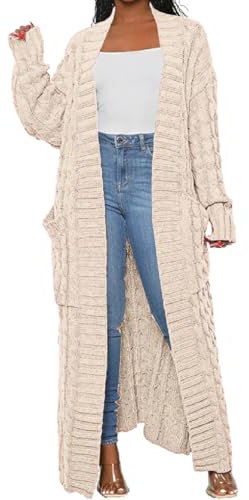LIVECLOTH Womens Stylish Cable Knit Dual Chunky Cardigan with Pockets, Cardigan-cream White, XXL