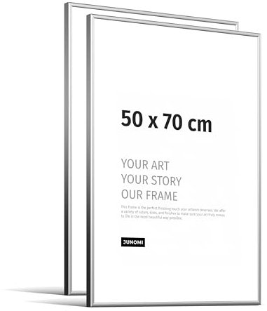 JUNOMI® Lot de 2 cadres photo 50 × 70 cm – aluminium argenté brillant, décoration murale en métal, avec verre acrylique incassable, profil extra fin