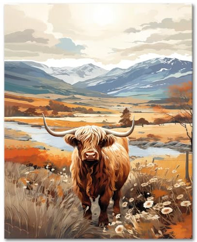 TISHIRON Peinture par numéros à faire soi-même pour adultes avec pinceaux Highlands vache huile peinture à la main animaux adultes peinture par numéros paysage peinture par numéros kits sur toile
