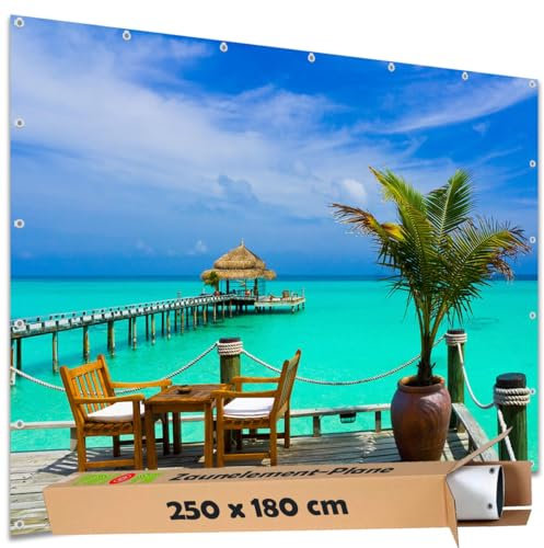 TRIOSK Sichtschutz Garten Deko Zaun Plane Blickdicht groß mit Zaunblende Motiv Meer Karibik Strand Bar für Zaunelement Doppelstabmatten Stabmattenzaun Gartenzaun PVC 250x180 cm