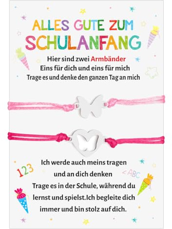 Schulkind Armband Mädchen Geschenke, 2 Stück Schmetterling Armband Schulkind Mama, Armbänder Einschulung Geschenk, Karte Erster Schultag, Geschenkideen für Schulanfang Einschulungs Schuleinführung