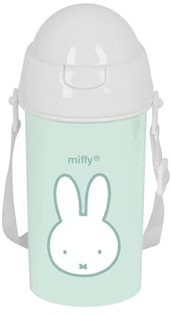 Safta Miffy Menta Bouteille d'eau à ouverture automatique avec paille, sans BPA, avec sac à bandoulière, confortable et légère, 500 ml, 7,3 x 19,5 cm, vert menthe, vert menthe, estándar, décontracté,