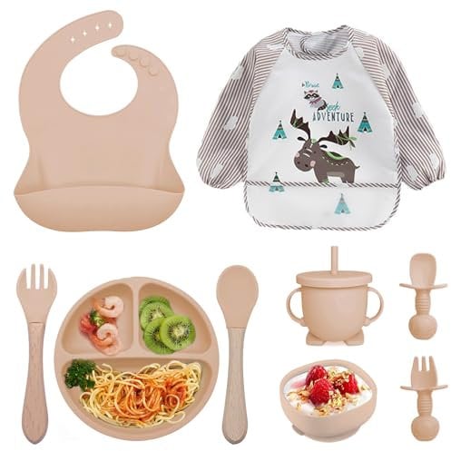 10 pièces Coffret Repas Bebe, Assiette Ventouse Silicone Antiderapant avec Compartiments, Ventouse Bol, Bavoir, Cuillère d’apprentissage, Assiette Enfant Set (9 pièces-beige)