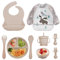 Vajilla de Bebé Silicona, 10 piezas Juegos de vajilla infantil, Cubiertos con plato ventosa, Tenedor con mango de madera, Babero Set (9 pezzi-beige)