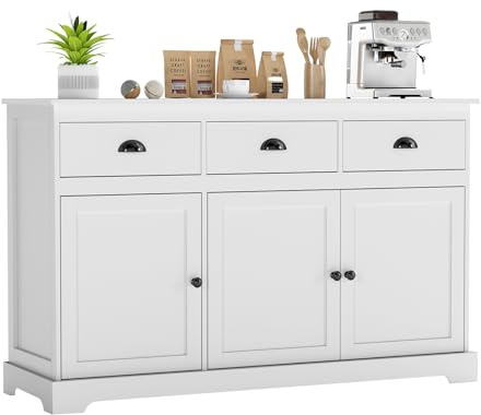 COSTWAY Sideboard Storage Cabinet, Modern Kitchen Cupboard with Adjustable Shelf, Drawers and Doors, Large Wooden Buffet Cabinet Unit for Dining Living Room Hallway (White)
