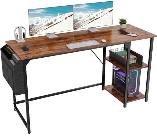 Devoko 140cm Computer Schreibtisch mit Reversible Regal,Schreibtisch Kleiner Tisch mit Kopfhörerhaken, Computertisch Klein für Home Office,Bürotisch Kleiner für Heimbüro,Vintage Braun