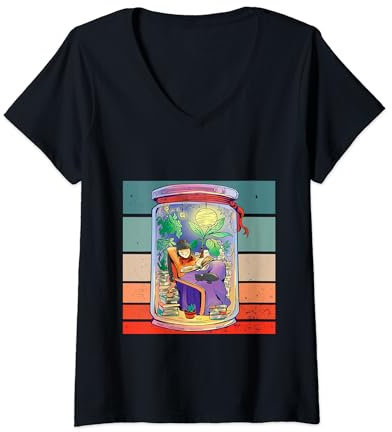 Mujer Libros Plantas Comodidad Lectura Gatos Taza Relajación Camiseta Cuello V