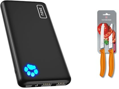 INIU Power Bank, Portable Charger 10000mAh Slimmest & Lightest High-Speed USB C Input & Output & Victorinox 11 cm Serrated Edge Tomato/Utility Knife Blister Pack, Pack of 2, Orange