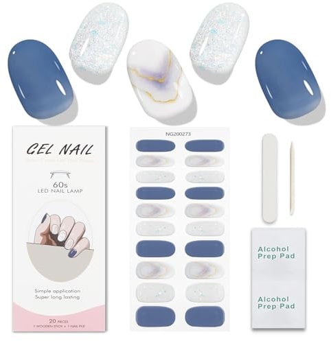 JMEOWIO Gel Nail Stickers Purple Glitter Semi Cured Gel Nail Strips Wraps UV/LED Nails Art Design Decoration Accessories