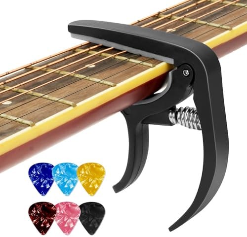 Aomig Cejilla Guitarra Española, Capo Guitarra Aleación de Aluminio con 6 Púas de Guitarra, Cejilla Guitarra Acustica Profesional para Guitarra Electrica Acústica Bajo Ukelele Mandolina Banjo