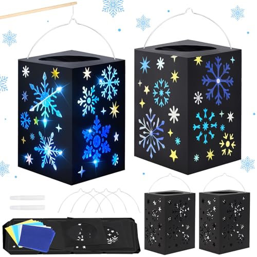 MONCAP 4 Stück Laternen Bastelset Kinder Schneeflocken Laternen zum Basteln Schneeflocken Kreativset Papierlaternen Bastelset für Jungen Mädchen Sankt Martin Laternenumzug Winter Party Deko Geschenk