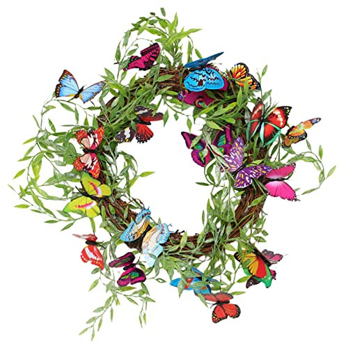 Primavera Estate con farfalle finte, farfalle artificiali, fiori selvatici, foglie di edera, margherite, rami di vite secchi, felce, porta d'ingresso, interni ed esterni, pareti della fattoria,