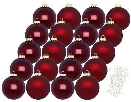 Inge Glas Weihnachtskugeln mit Haken | Schöne Christbaumkugeln aus Glas | Set 20 Kugeln und 40 Aufhänger | Christbaumschmuck Weihnachtsbaumkugeln (Smooth Port | weinrot)