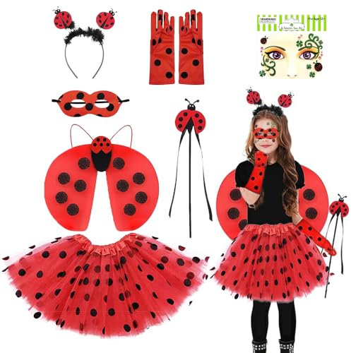 Kostüm Marienkäfer Kinder,Faschingskostüme Kinder Marienkäfer,Marienkäfer Kostüm Kädchen 92-134 mit Marienkäfer Haarreif Marienkäferflügeln Tutu Rock Marienkäfer-Handschuhe Masken 2-8 Jahre