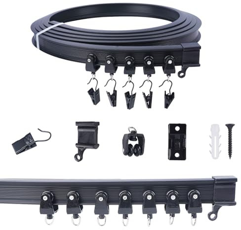 FOGAWA 3m Vorhangschiene mit 24 Vorhangklammern, Deckenvorhangschiene, Flexible Gardinenschiene, Gebogen, Deckenschiene für Duschvorhangstange, Raumteiler, Vorhangschienensystem Deckenmontage, Schwarz