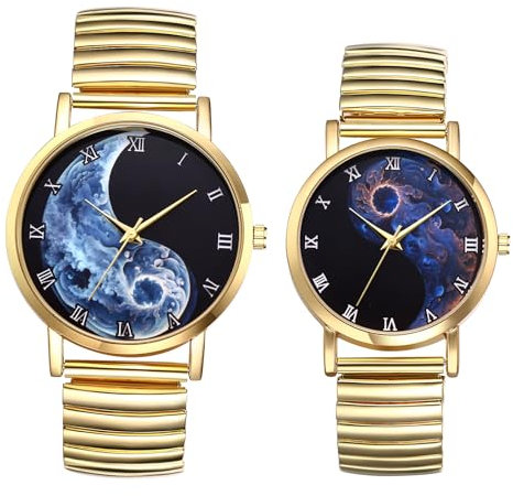 JewelryWe Yin-Yang Elastische Uhren für Paare: 2pcs Tai Chi Yin Yang Analog Quarz Armbanduhr Gold Edelstahl Stretch Armband Römische Ziffern Partner Freundschaft Uhr Valentinstag Pärchen Geschenk