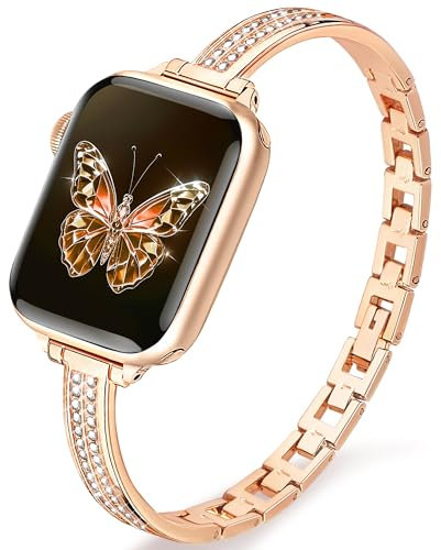 Ocaer Compatible with Apple Watch Straps 46mm 45mm 44mm 42mm 49mm, Bling Metal Strap for iWatch Series 10 SE 9 8 7 6 5 4 3 Ultra 2 1, Slim Sparkly Apple Watch Bracelet Band for Women(Rose Gold)