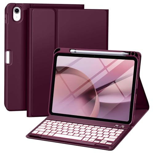 drivego Hülle mit Tastatur für iPad 11 Generation A16/10 Generation (11/10.9 Zoll, 2025/2022), 7-farbige Beleuchtung Magnetische Tastatur für iPad 11./10. Hülle mit Stifthalter, Tiefe Kirschfarbe