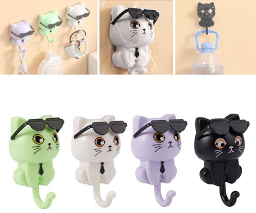 4 Pièces Crochets à Clés en Forme de Chat avec Lunettes de Soleil, 8.5 cm Cochets Autocollants, Plastique Crochet Adhesif Mural, Porte Manteau Adhésif, Attache Murale pour Cuisine, Salle de Bain