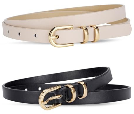 Marjoramy 2 Stück Damen Ledergürtel Skinny Taillengürtel Verstellbar Dünner Gürtel mit Goldschnalle für Jeans Hosen Kleider Mode Gürtel Frauen Retro Stil