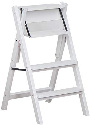 Solid Wood Folding 4 Step Ladder Stool Portable 3 in 1 Stepladder for Kitchen Office & Library Stylish White Design Space Saving and Easy to Store