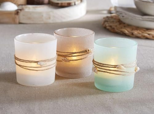 Dekoleidenschaft 3X Windlicht „Maritim“ Teelichthalter aus Glas mit Muscheln, Teelichtgläser Set, Kerzengläser