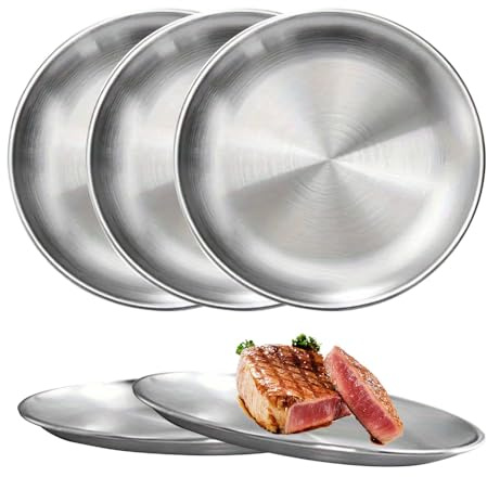 Camping Plates Set of 3 - 20 cm Unbreakable Stainless Steel Plates, Dishwasher Safe Camping Tableware Stainless Steel for Kitchen, Outdoor and Party, Premium Camping Accessories for Families, Campers