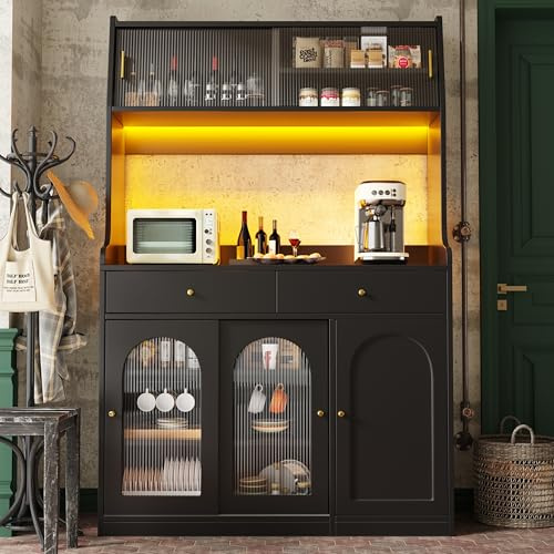 Ligterra Küchenschrank, Hochschrank,Vitrinenschrank, Buffetschrank mit Verstellbaren Ablagen, Esszimmerschrank mit 2 Schubladen, Sideboard mit LED-Beleuchtung,Variable Lichtfarben, schwarz