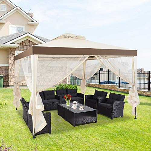 RELAX4LIFE Carpa 3x3m con Mosquitera, Tela Impermeable, Doble Techo, UPF 50+, Cortinas de Malla Extraíbles con Cremallera, Pergola de Jardín con Estacas de Tierra para Patio y Terraza (Beige)