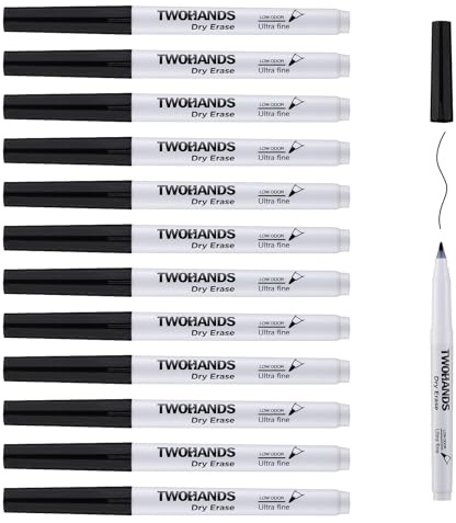 TWOHANDS Schwarz Whiteboard Marker Set 12 Stifte 0,7 mm ultrafeine Spitze | Geruchsarm Und Leicht Abwischbar, für Präzises Schreiben auf Whiteboards, Flipcharts, Memoboard Und Magnettafeln,20574