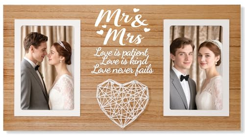 Ligtmor Hochzeitsgeschenke für Paare - Bilderrahmen Holz mit Fadenkunst Herz für Zwei Fotos 10x15 cm, Romantisches Geschenk zur Hochzeit, Verlobung, Brautparty, Mr & Mrs Deko für Ehepaare