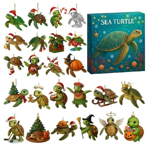 Sea Turtle Adventskalender 2025-24 Tage Schildkröte Anhänger Weihnachten Countdown Kalender, 2D Weihnachts Hängedekoration aus Acryl für Baum, Fenster, Auto, Rückspiegel