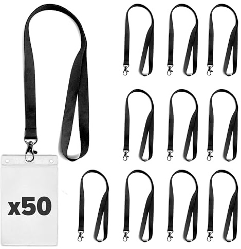 Lot de 50 Tours de Cou + 50 Badges A6 en Plastique – Lanières Porte Badge pour Événements, Entreprises, Salons et Groupes (Noir)