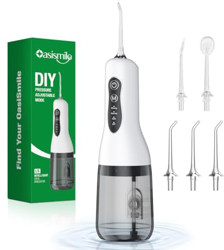 OasiSmile Munddusche Kabellos Elektrisch, Munddusche Testsieger 2026, 4 Modi & 5 360° Jet-Tipps Düsen, 40 Tage Akku, IPX7 Wasserdicht, Täglichen Tiefenreinigung, Oral Irrigator für Zuhause & Reise