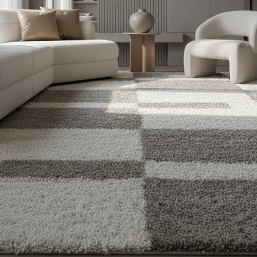 KADIMA DESIGN Teppich Hochflor Kariert Modern Kuschelig Weich Waschbar Strapazierfähig Langlebig 30mm Flor Beige 200x290 cm Schlafzimmer Schnelltrocknend | WATZMANN