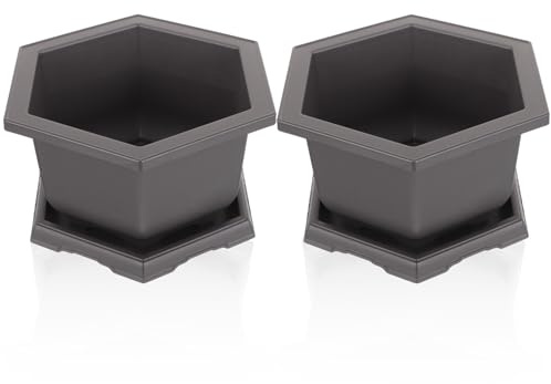 UKCOCO Plant Pots with Saucers 2 Sets Sturdy Black Material Square and Rectangular Planter Pots for and Flowers Suitable for Home Decoration and Garden Use